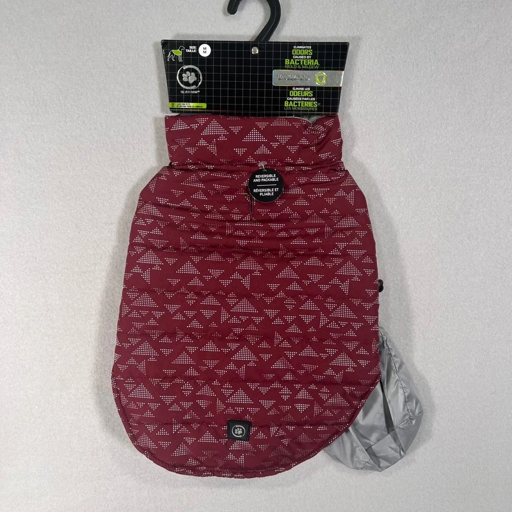 Silverpaw Reversible Packable Dog Jacket Burgundy Silver Geometric Puffer Medium